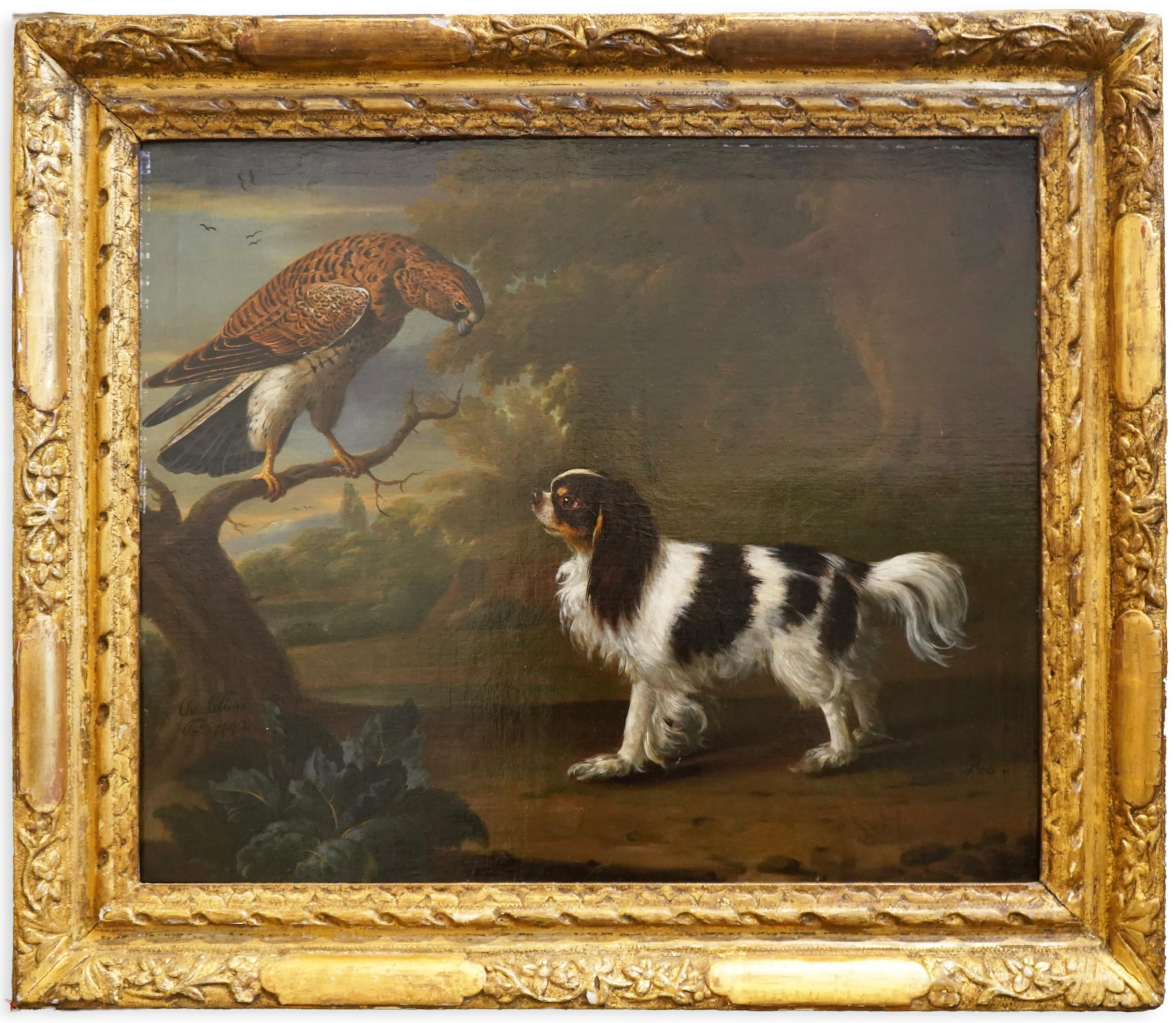 Charles Collins, (1680-1744), Spaniel and a buzzard in a landscape